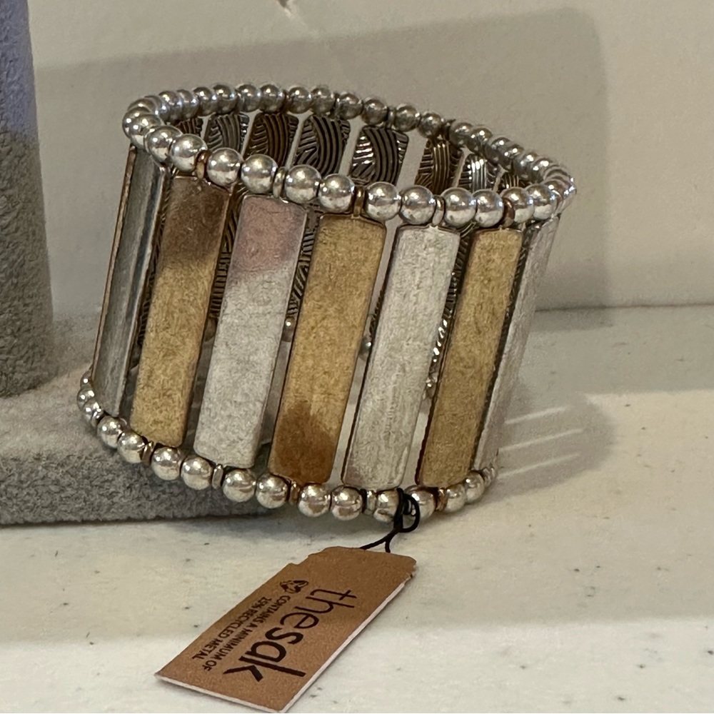 NWT The Sak Bracelet- antiqued silver & gold tone, stretch, wide - Picture 8 of 11